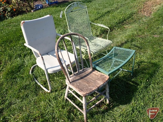 (2) Metal lawn chairs and 1 wood one, metal table