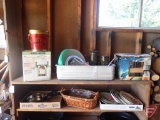 Black & Decker automatic jar opener, stock pot, pans, decorative plates with hangers, lard pail