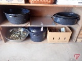 Enamel roasters, canner, pot; canning jars and rings; cookie sheets. Contents of bottom 2 shelves