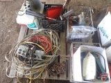 Electrical cords, trailer hitches, grease guns, vintage light, chain, wire crates, SMV sign.