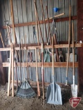 Yard and garden tools: rakes, wheelbarrow handles, shovels, pick axe, bail hook, chippers, hatchets