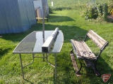 Glass top patio table, wood bench, 62