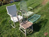 (2) Metal lawn chairs and 1 wood one, metal table