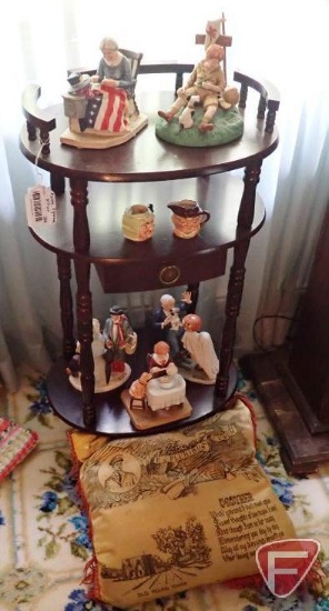 Toby cups, Norman Rockwell figurines, "Mother" pillow, and stand 30"h with one drawer