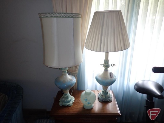 (2) matching table lamps 37"h,one has some damage, hand painted glass jar with Fenton base. 3pcs