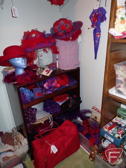 Assortment of "Red Hat Ladies" items: hats, accessories, bags, decorative items