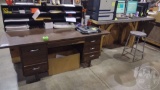 (2) WOODEN OFFICE DESKS, METAL OFFICE DESK, WOODEN SHOP BENCH