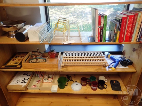 (3) SHELVES OF COOKBOOKS, MUGS, SILVER PIECES, RACKS, SONA CUSHION