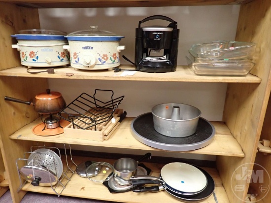 (3) SHELVES OF BAKING, COOKING ITEMS, SLOW COOKERS, BLACK &