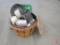 (2) bushel baskets - (1) lid; metal trays; enamelware; bakeware; canteen; pitcher; flatware/utensils