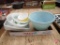 Fire King blue mixing bowl, Glasbake Currier & Ives dishware, bowls, cups