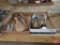 Wood duck decoy, primitive wood tools, hand fluter, door knobs, figurine. 2 boxes