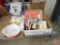 Cookbooks, Fire King and Pyrex cups and baking dishes. 2 boxes