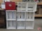 White painted crates, red painted hinged top box. 5 pcs
