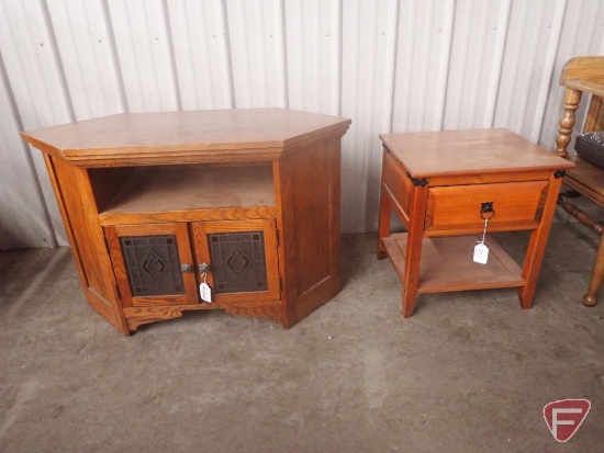 Storage cabinet 41"w x 18"d x 27"h and end table with storage, some top damage. 2pcs