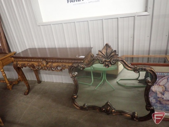 Ornate sofa table 53"w x 18"d x 32"h; framed wall mirror 43"w x 40"h. 2pcs