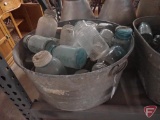 Galvanized round tub with canning jars, some with glass and zinc lids