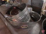 Galvanized tub and pail, electric burner, saucepan with lid, baking sheets. Tub and all contents