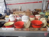 Enamelware bowls, coffee pot, and double boiler; canister tins. 3 boxes
