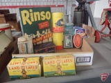 Vintage containers: Land O Lakes, Rinso, Old Dutch Cleanser, Red Cross Gauze, Fairyfoot, Mellomints