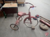 Vintage tricycle, vintage catchers mitt, wood bats, Hawthorne bike part, wheels, metal garbage can