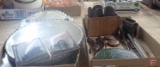 Vintage mirrors, (2) shadow pictures, eye glasses, pill compacts, curling iron, fountain pen,