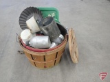 (2) bushel baskets - (1) lid; metal trays; enamelware; bakeware; canteen; pitcher; flatware/utensils