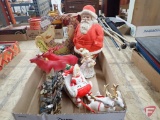 Vintage Christmas items - lights, candle clips, figurines; vintage Easter decoration. 2 boxes