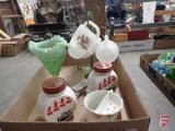 Milk glass salt/pepper, mugs on metal tree, salt/peppers, figurines, insulators. 3 boxes