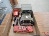 Tonka military Jeep, rubber fire truck, metal tractor, metal trailer