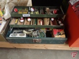 Metal tackle box with bobbers, weights, lures, reel, hooks, line; Zebco reel box is empty; crow call