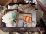Table linens, doilies, pillowcases, aprons. Contents of box and suitcase