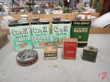 Vintage tins: Cargill Linseed Oil, Bull Dog, Ward's Pepper, Cities Service, Ward's Vasa-Creo Salve,