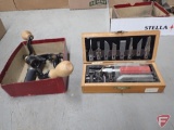 X-ACTO set in box, microscope, loading set, saw punch
