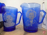 Blue glassware, stemware, painted pitcher/matching glasses, Fire King refrigerator dishes, utensils