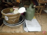 Metal bowls, planters, plastic watering can, faucet