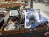 Trailer hitch cover, flashlight, fishing tool kit, toilet repair kit, work light, cable lock