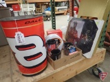 NASCAR wall clocks and playing cards, Dale Earnhardt Jr metal can, Snap-On mugs
