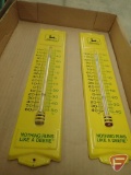 Trojan salt/pepper shakers, tractor patches, Pioneer coffee sets, John Deere items: thermometers,