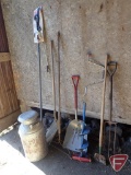 SHOVELS, ICE AUGER, MILK CAN, TREE PRUNER, STIFF RAKE, HOE