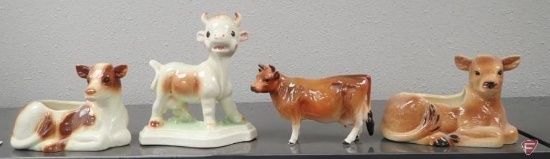 (2) cow planters stamped Kellogg MN; (2) cow figurines, one is Lefton. Tallest piece is 7". 4 pcs