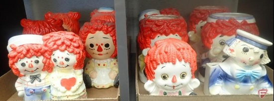 Raggedy Ann and Raggedy Andy head vases, some are 2-sided, most are 6"h. 2 boxes