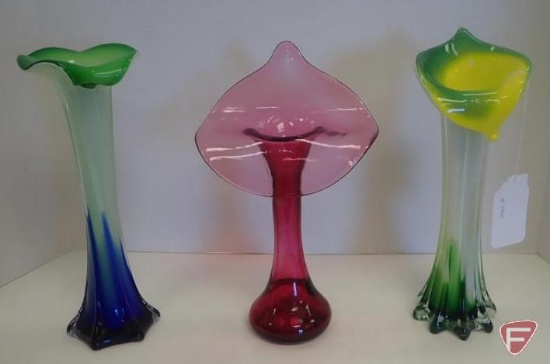 (3) colored glass vases, amethyst is 11"h