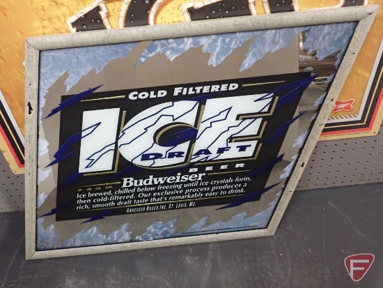 Budweiser Ice Draft framed mirror, protective tape on black frame, 26"x22"