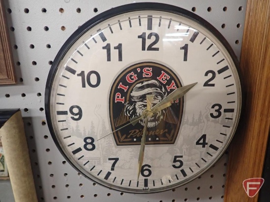 Pig's Eye Pilsner Beer battery clock, 12"diameter