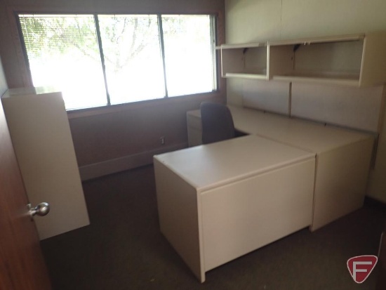 L shaped desk 90"x74", office chair, overhead cabinet, 4 drawer filing cabinet