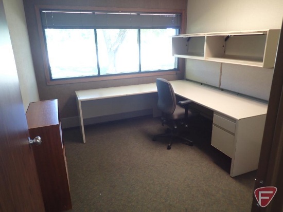 L shaped desk 90"x90", overhead cabinet, wood shelf, office chair