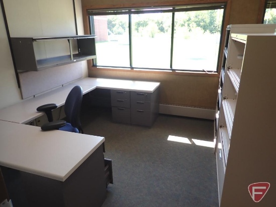 U shaped desk 114"x66", overhead cabinet, file cabinets (2), office chiar