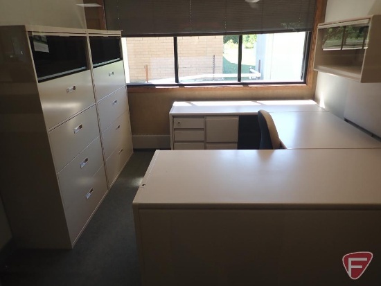 U shaped desk 99"x70", overhead cabinet, office chair, bulletin board, filing cabinets (2)