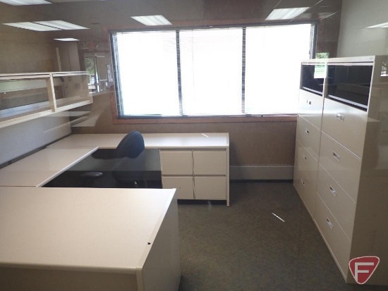 U shaped desk 105"x85", overhead cabinet, office chair, chair, bulletin board, filing cabinets (2)